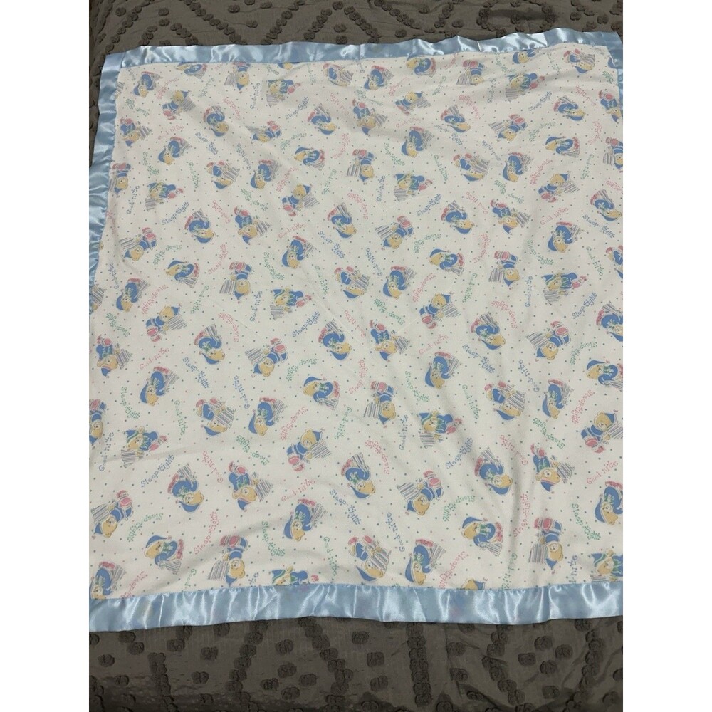 Vintage Riegel Teddy Beddy Bear Baby Blanket Blue Satin Edge 41 X 41 Sleep Tight